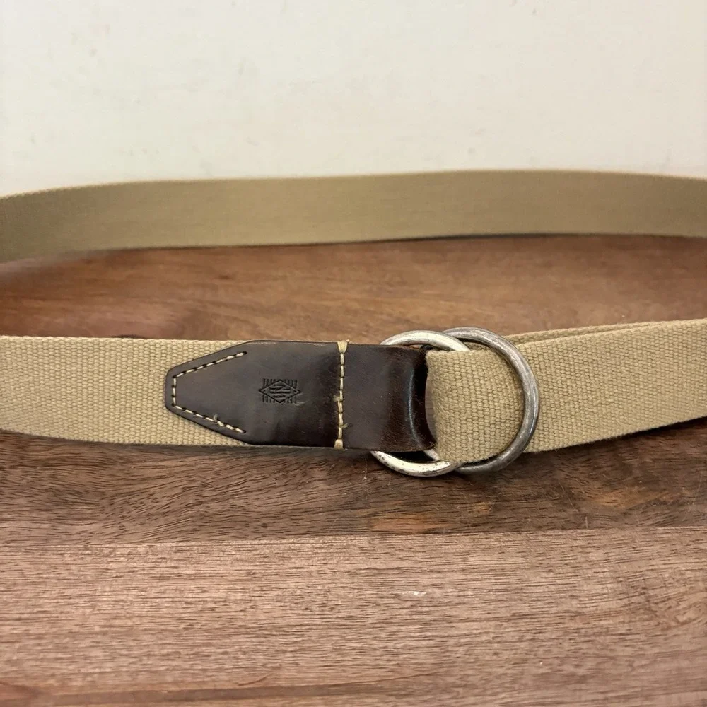Martin Dingman O-Ring Belt XL Khaki Canvas Brown Leather Mens Double Ring